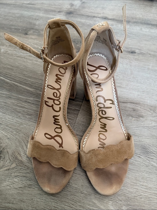 Sam Edelman Shoes - Sam Edelman Tan Suede Scalloped Ankle-Strap Block Heels